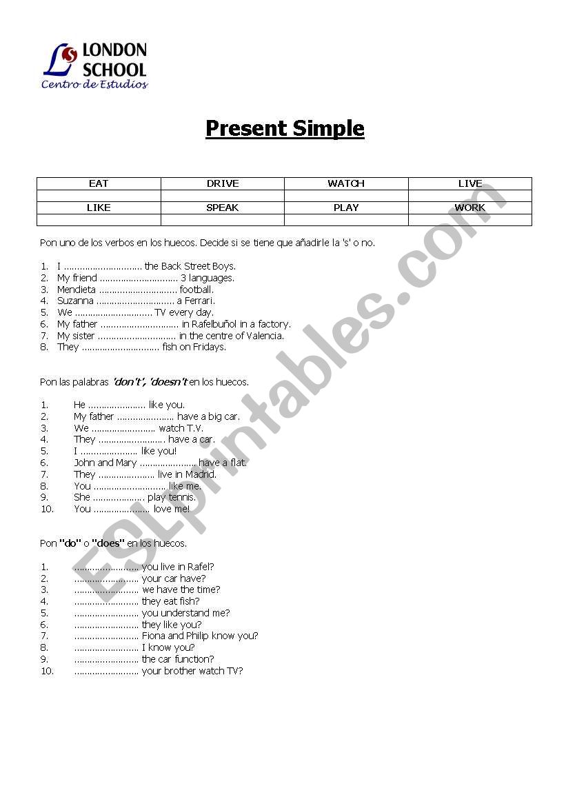 present simple worksheet