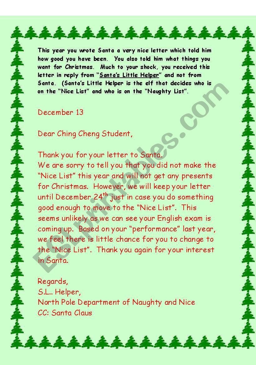 Twisted Letter to Santa worksheet