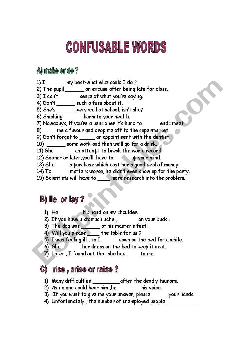 Confusable words worksheet