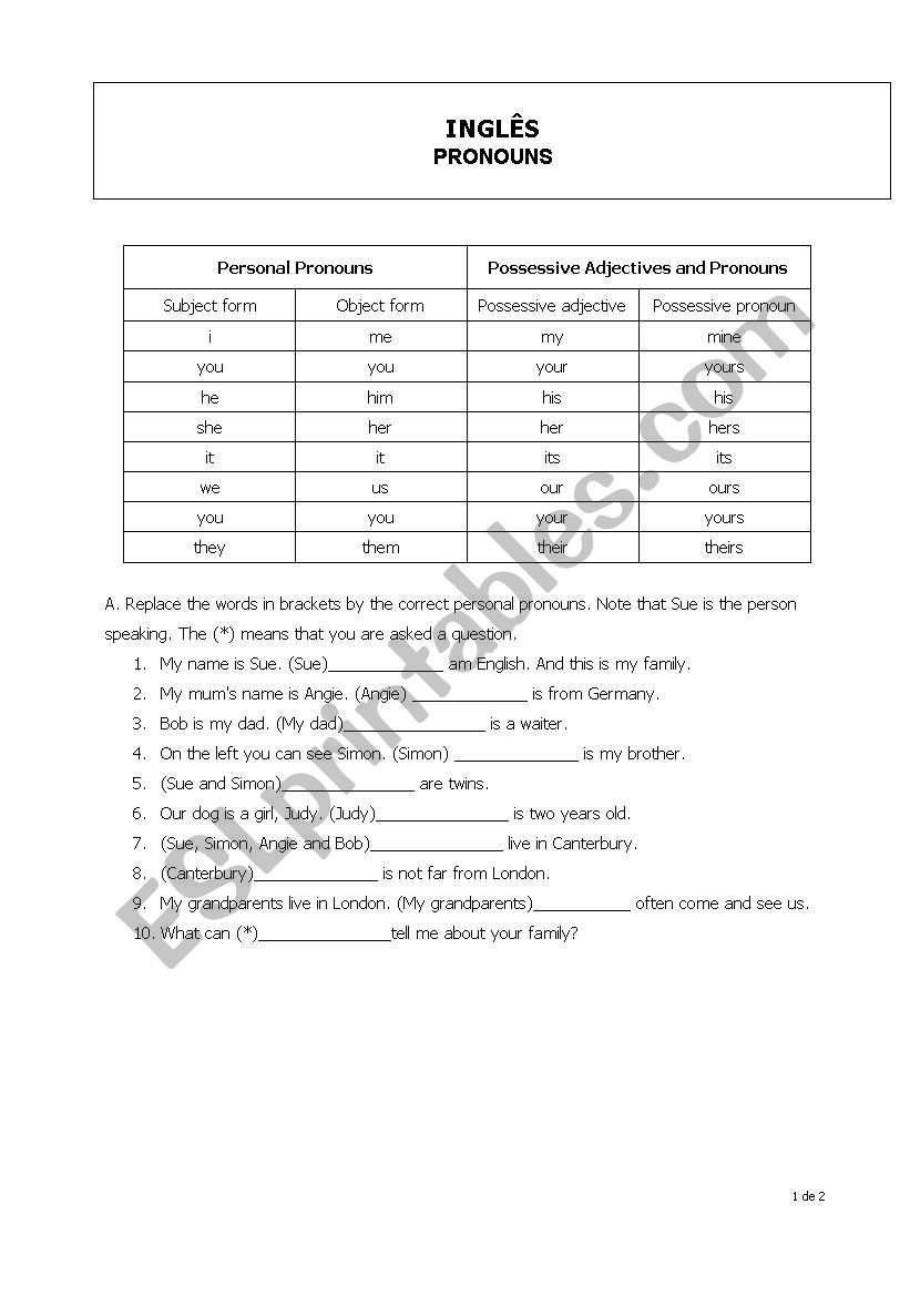 Pronouns worksheet