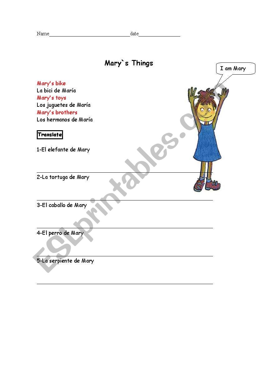 Marys things worksheet