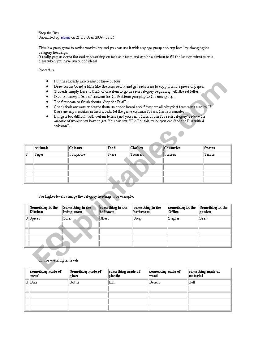 Stop the bus worksheet