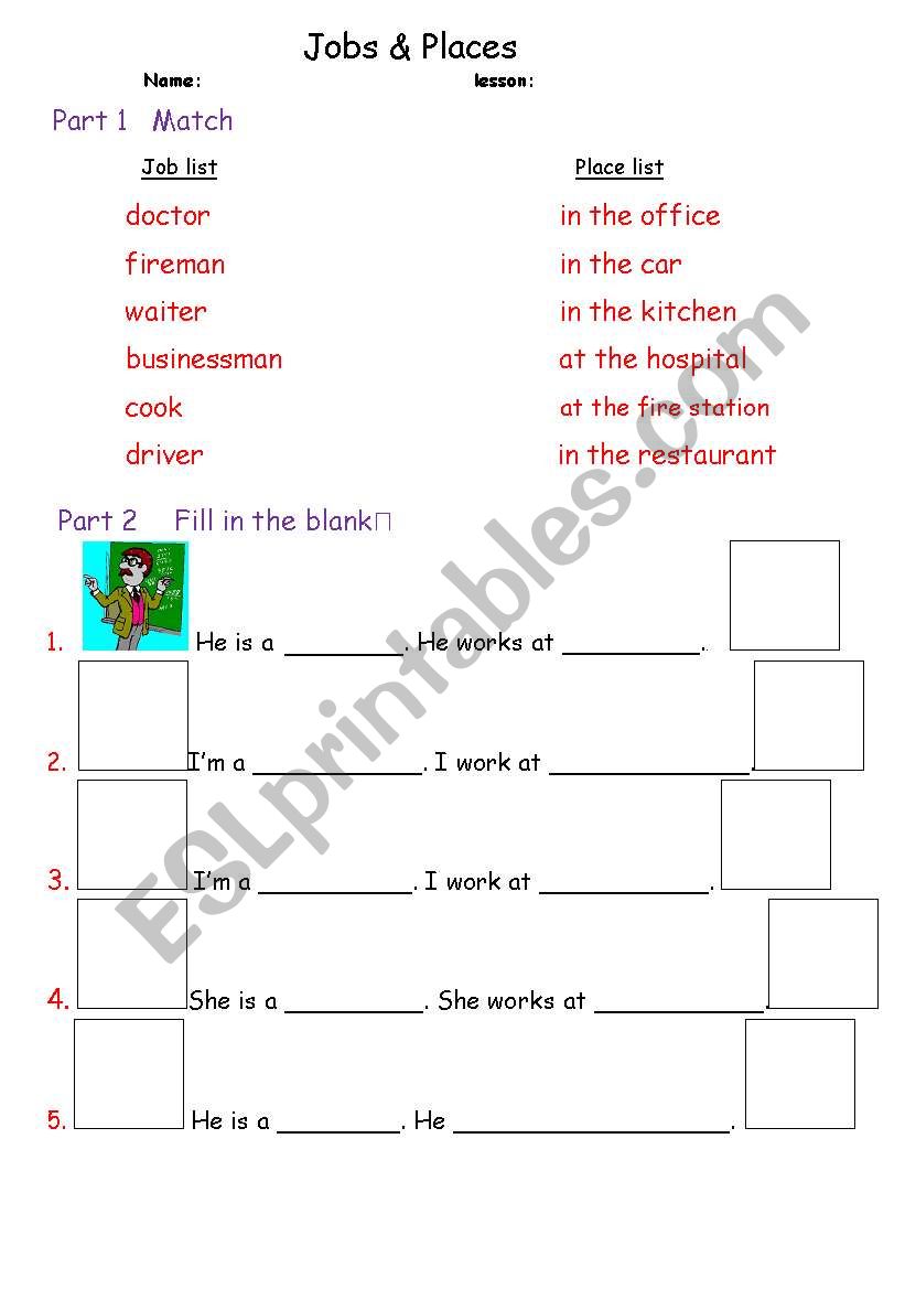 Jobs & places worksheet