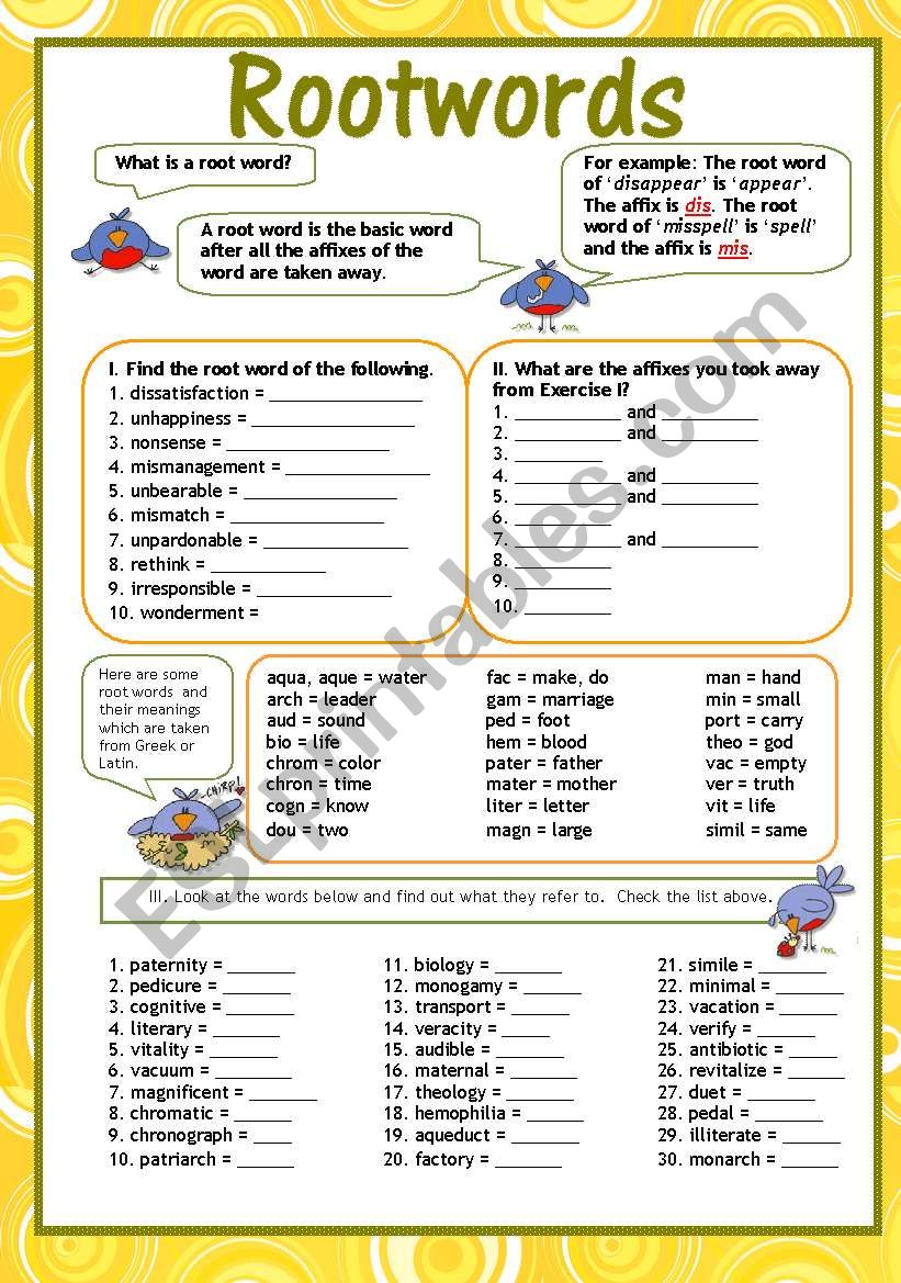 Root words (including some latin root words) - ESL worksheet by Within Root Words Worksheet Pdf