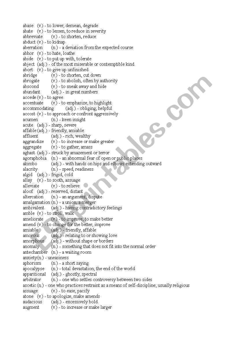 English worksheets SSAT vocab