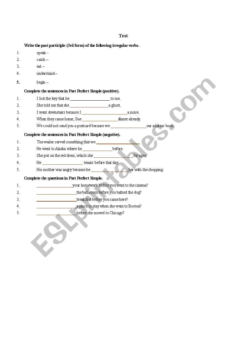Exercises past perfect worksheet