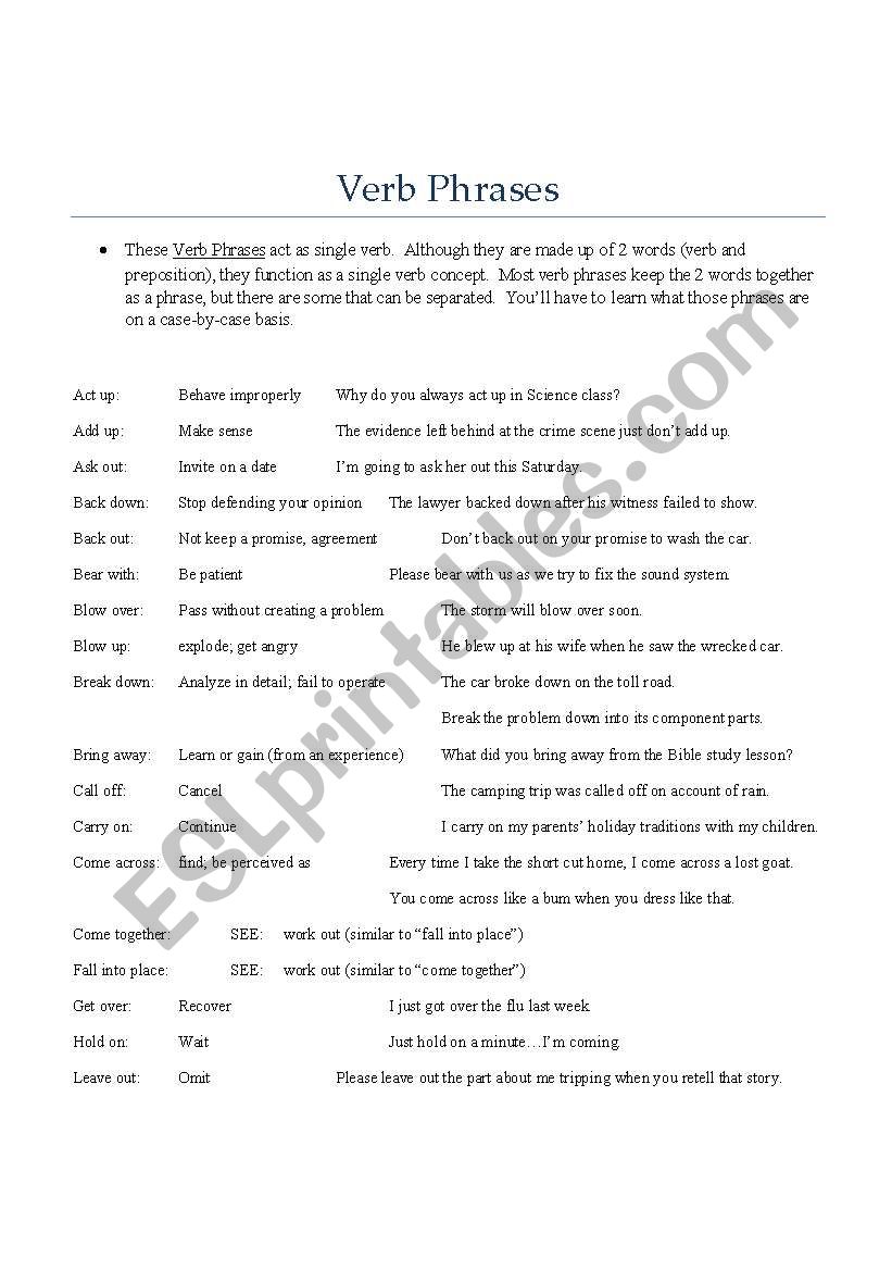 Verb Phrases - Instructional Page-A