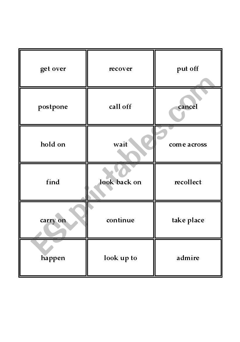Phrasal Verbs - Cards to be used in Phrasal Verbs Bingo game