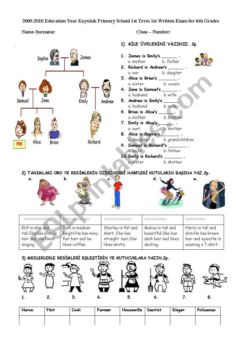 adjectves and family worksheet