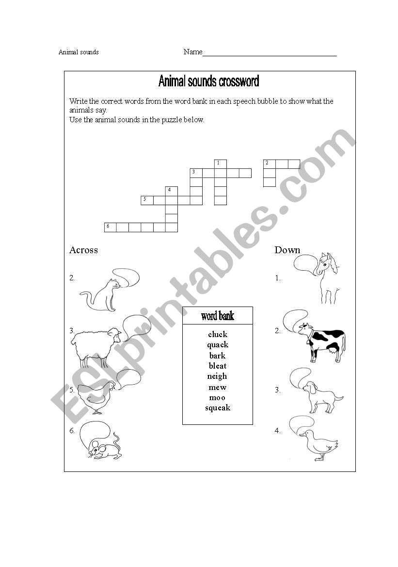 Animal sounds crossword worksheet