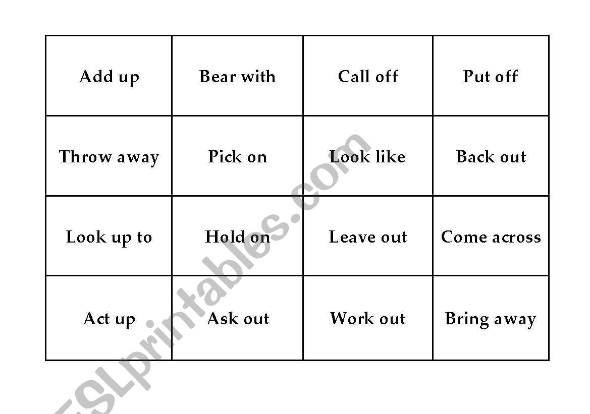 English Worksheets Verb Phrase Bingo Cards Verb Phrases Portion C