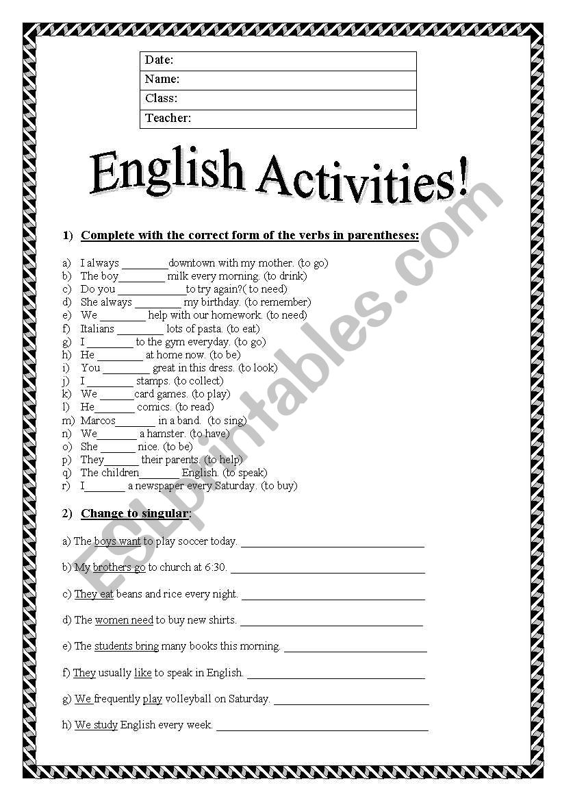 Simple present activities worksheet