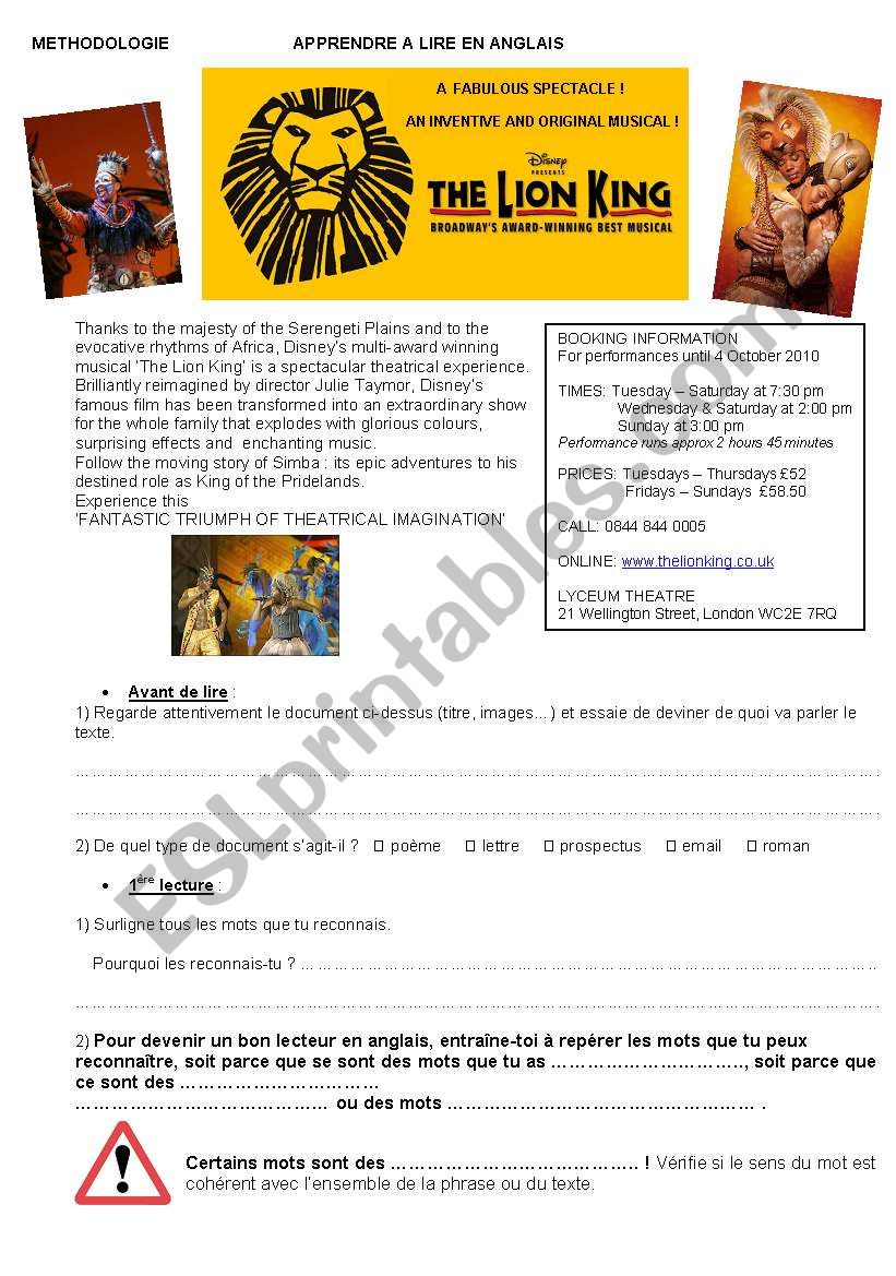 Reading : the Lion King worksheet