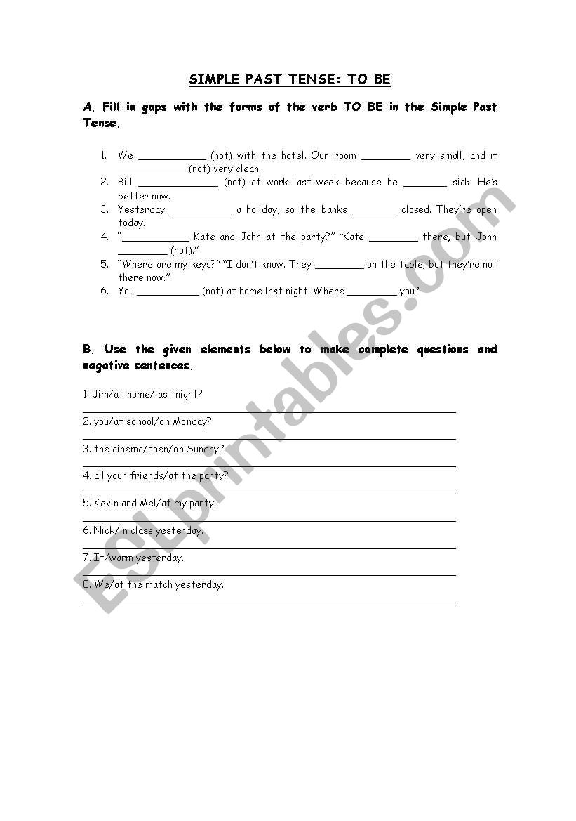 Simple Past Tense - To Be worksheet