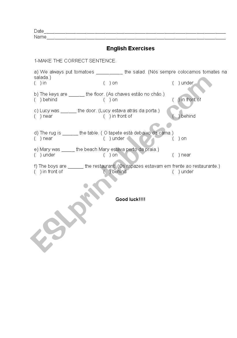 Prepositions worksheet