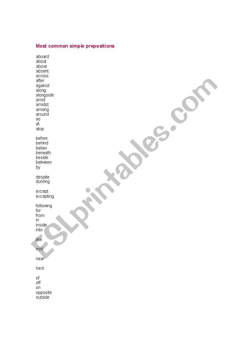 Most Common Prepositions worksheet