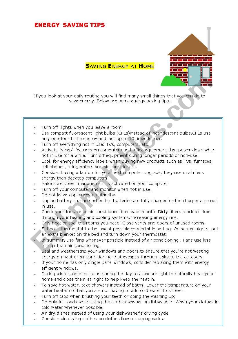 Energy saving tips worksheet