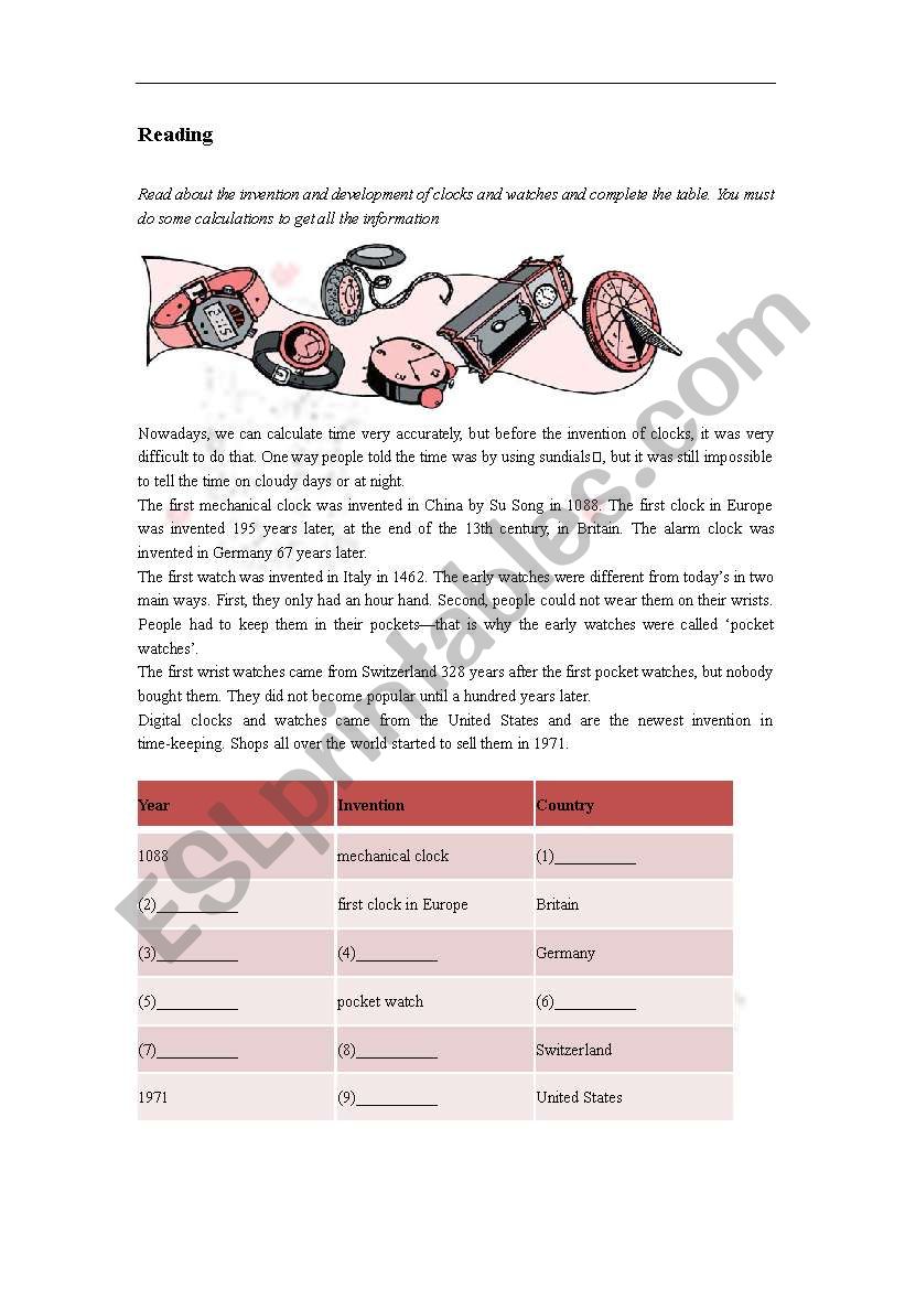 reading clock and watches worksheet