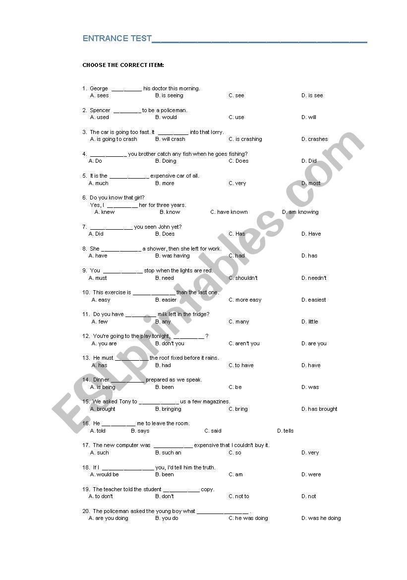 Entrance test worksheet