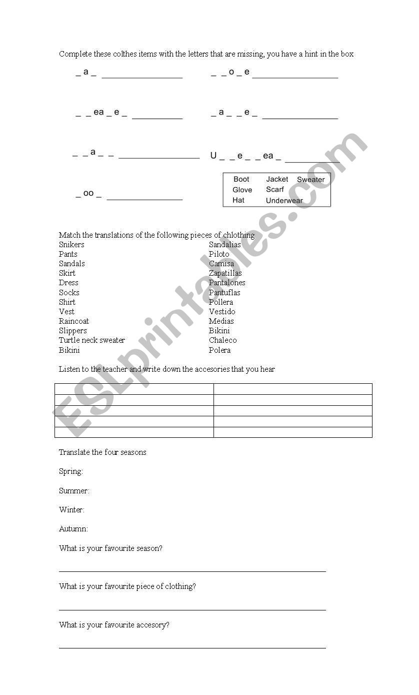 clothes worksheet