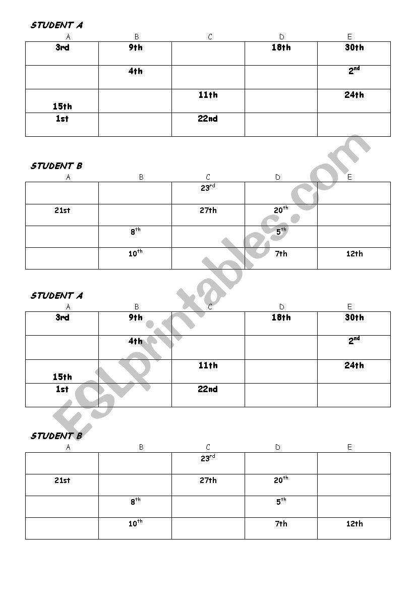 ordinal numbers pair work worksheet