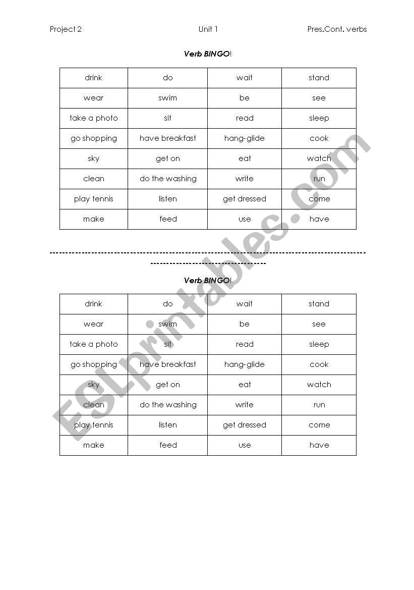 Verb Bingo worksheet