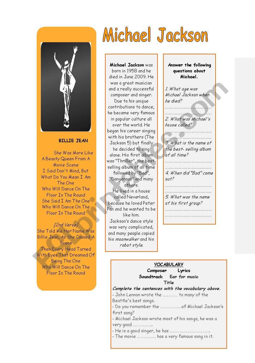 biography Michael Jackson worksheet