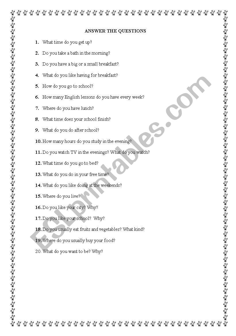 Speaking questions&test worksheet