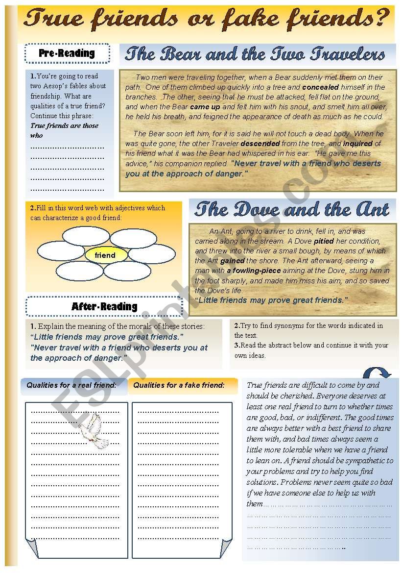 AESOPÂ´S FABLES - TRUE FRIENDS OR FAKE FRIENDS?reading comprehension for upper-intermediate and advanced students