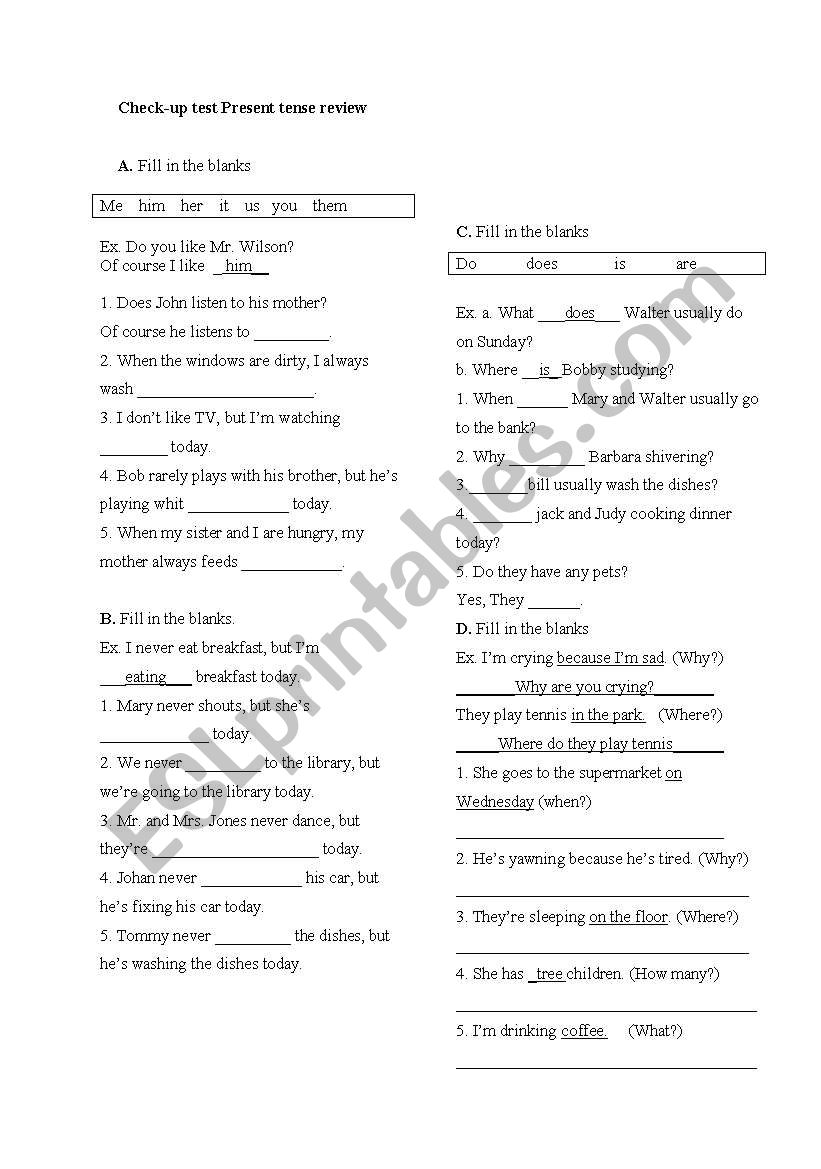 Present tense  test worksheet