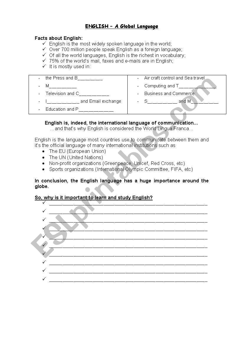 English - a global language worksheet