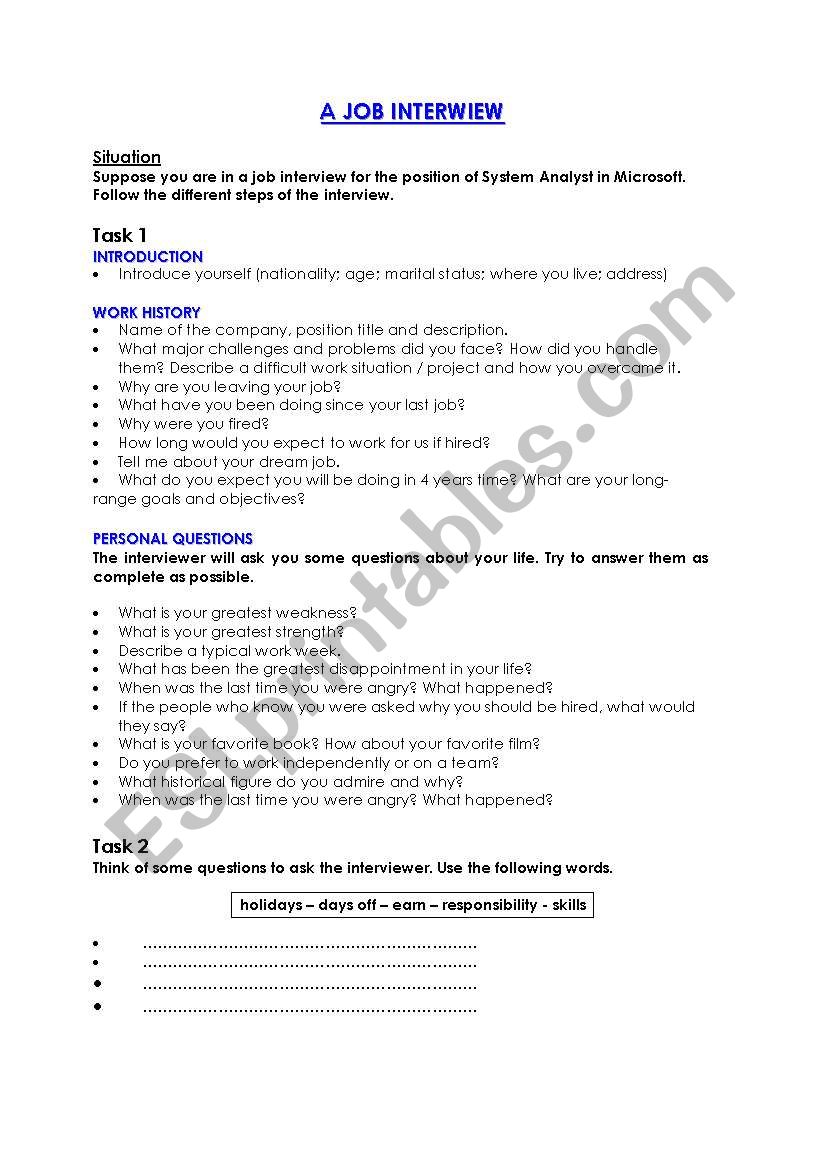 A job interview!  worksheet