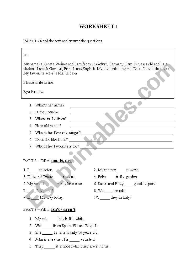 verb to be worksheet