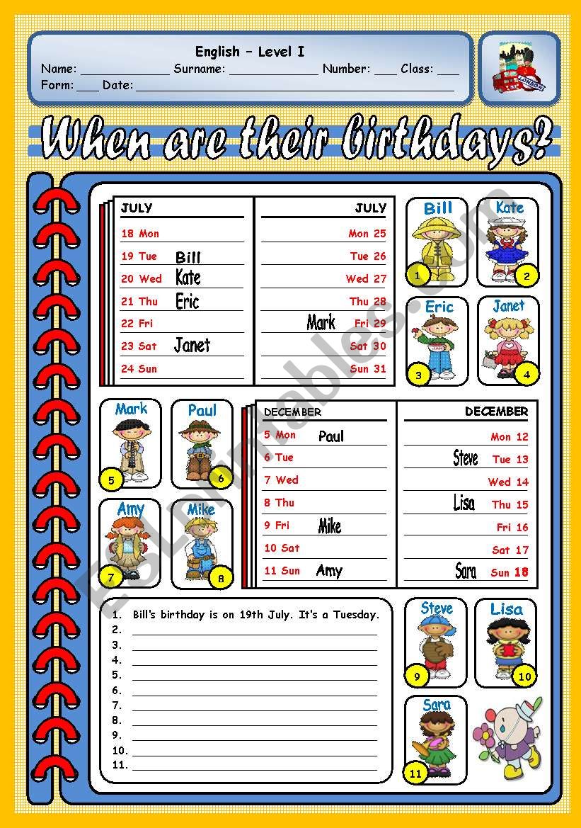 WHEN ARE THEIR BIRTHDAYS? worksheet