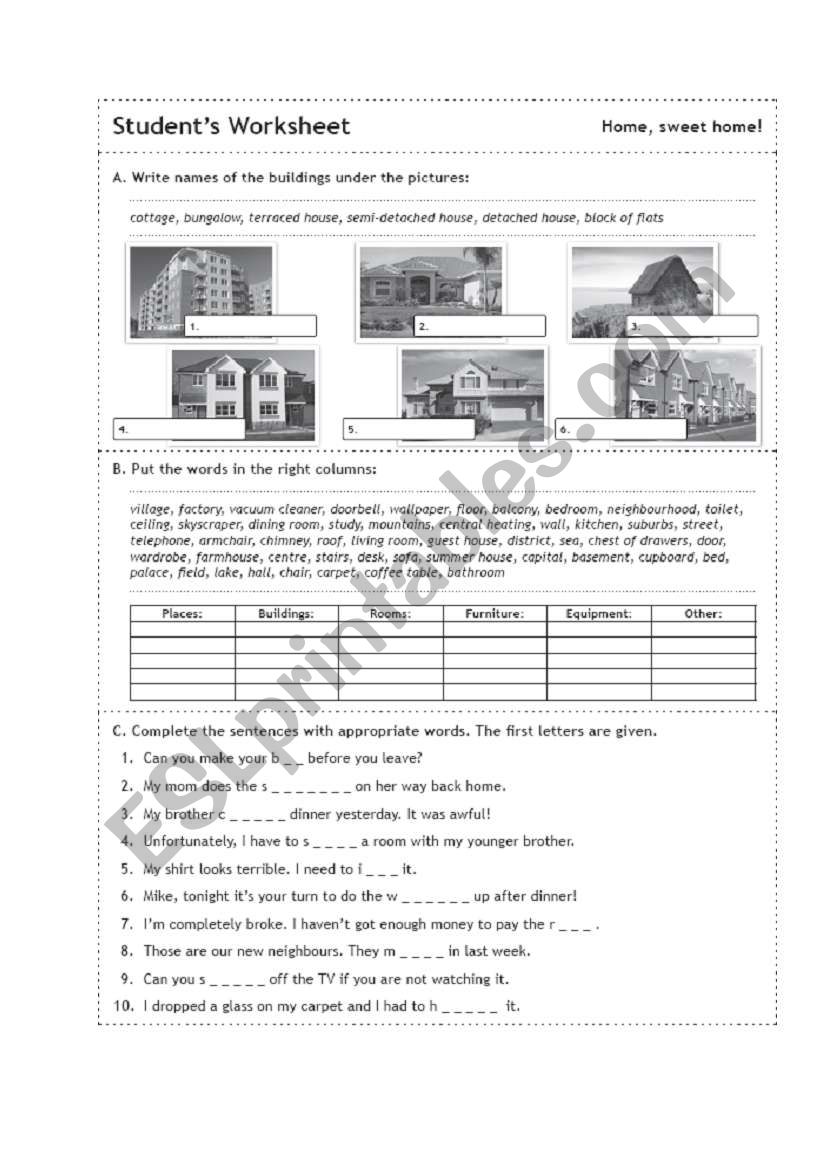 house worksheet