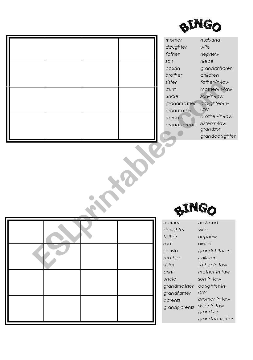 Game: Family BINGO worksheet