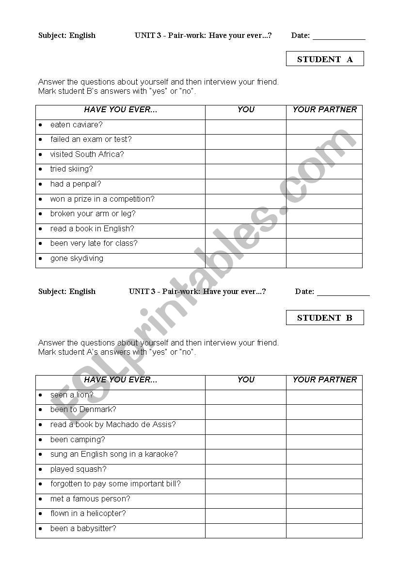 Present Perfect -Pairwork activity -Speaking