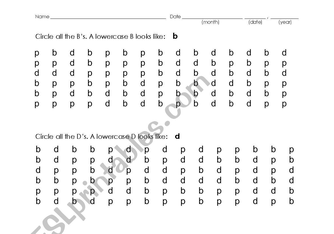 B and D reversal practice worksheet