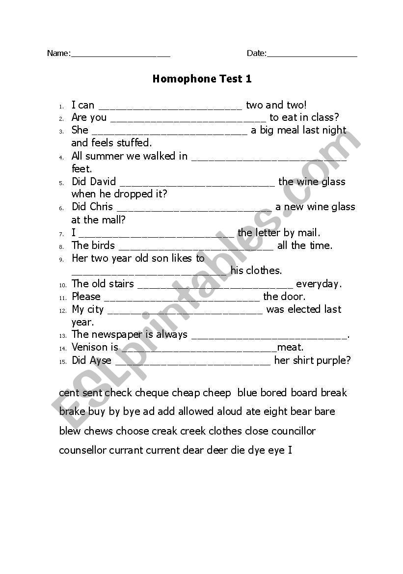 Homophones - Test worksheet