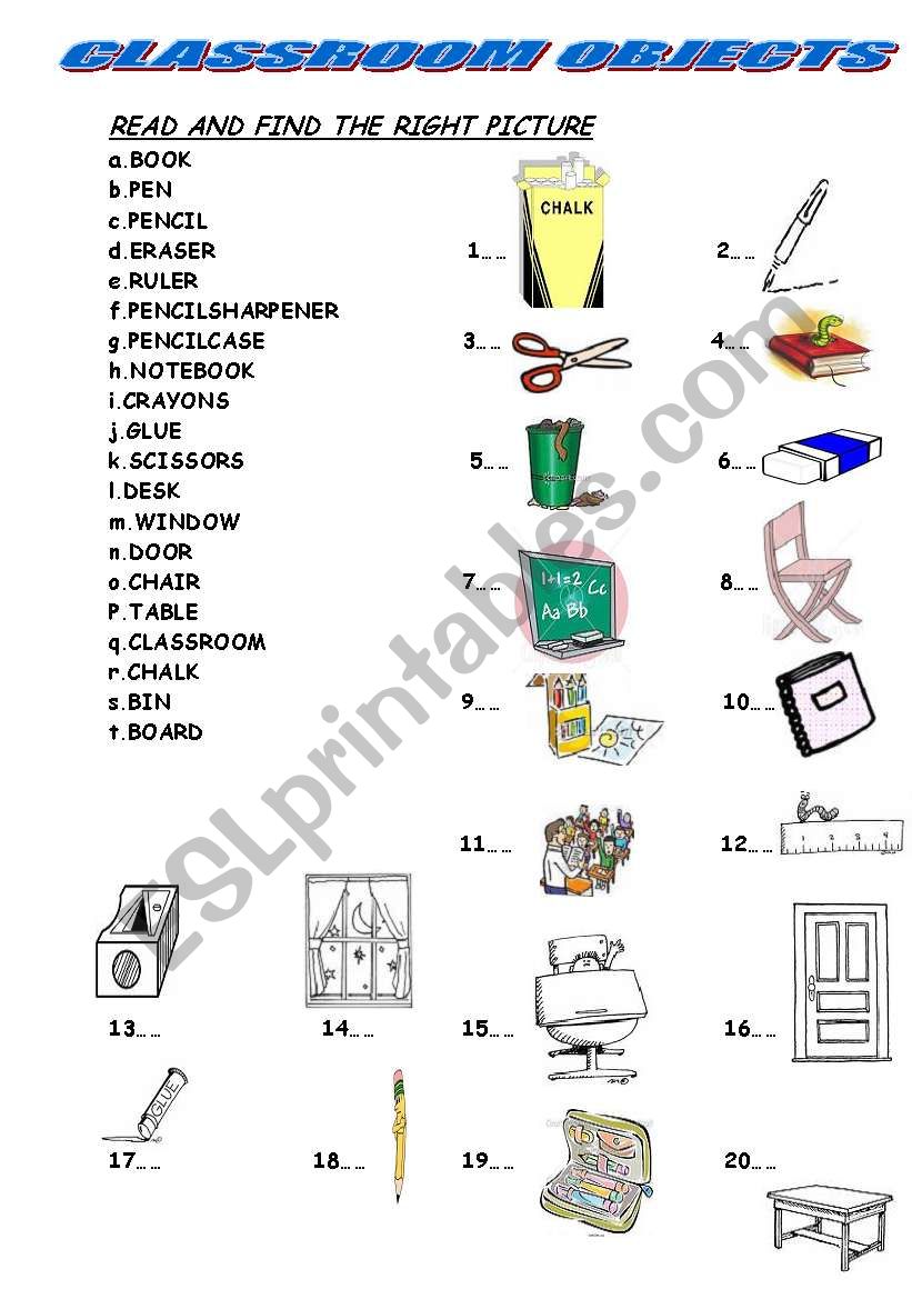 CLASSROOM OBJECTS worksheet