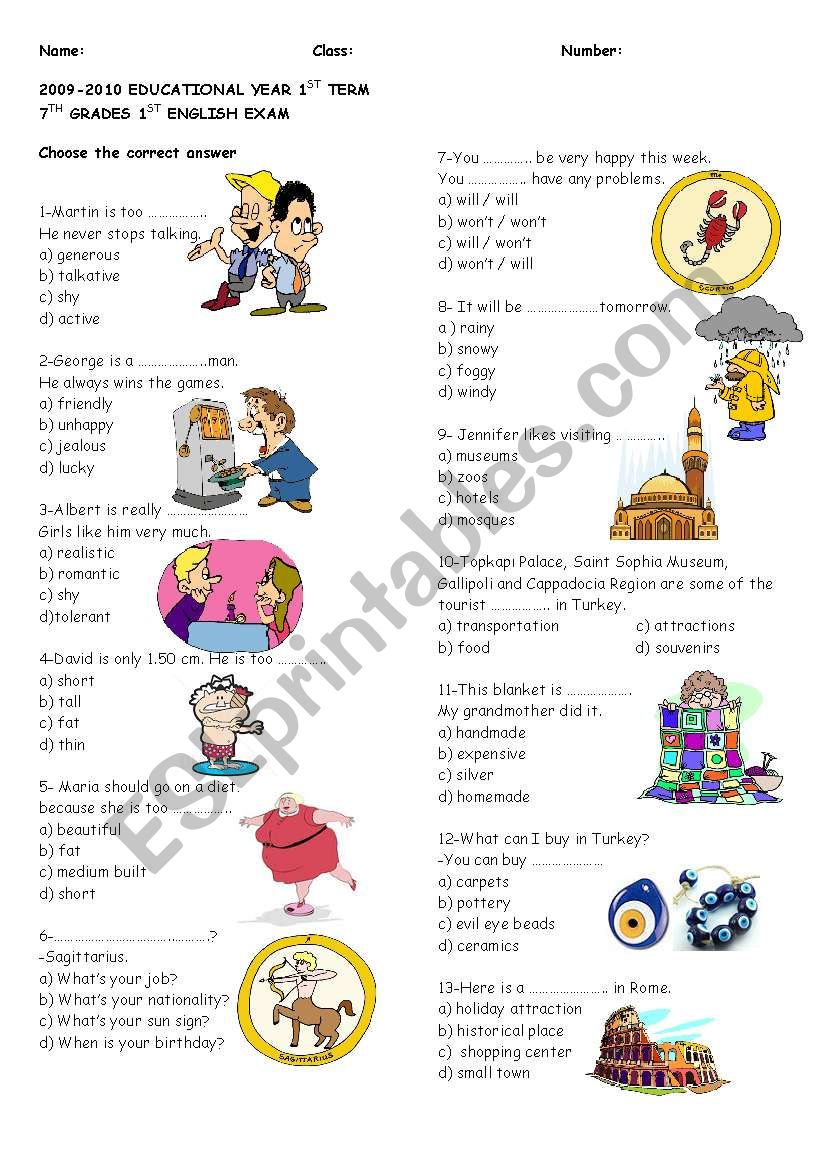 exam for 7th graders 1 worksheet