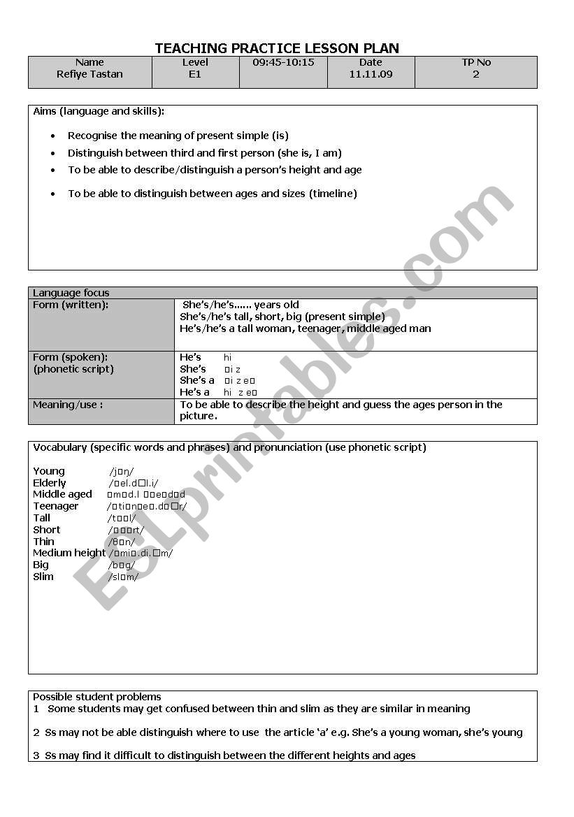 Lesson plan present simple (ages and sizes)