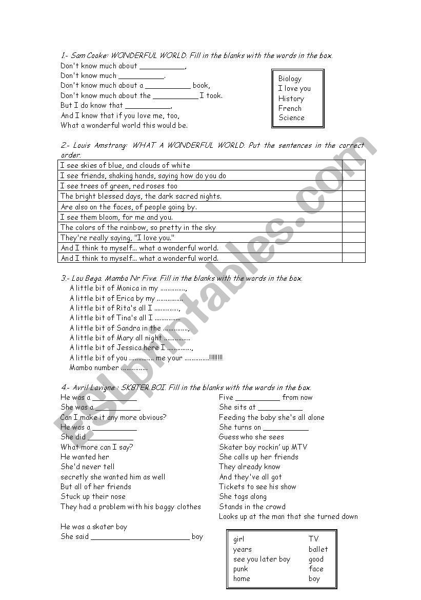 Songs of a Lifetime worksheet