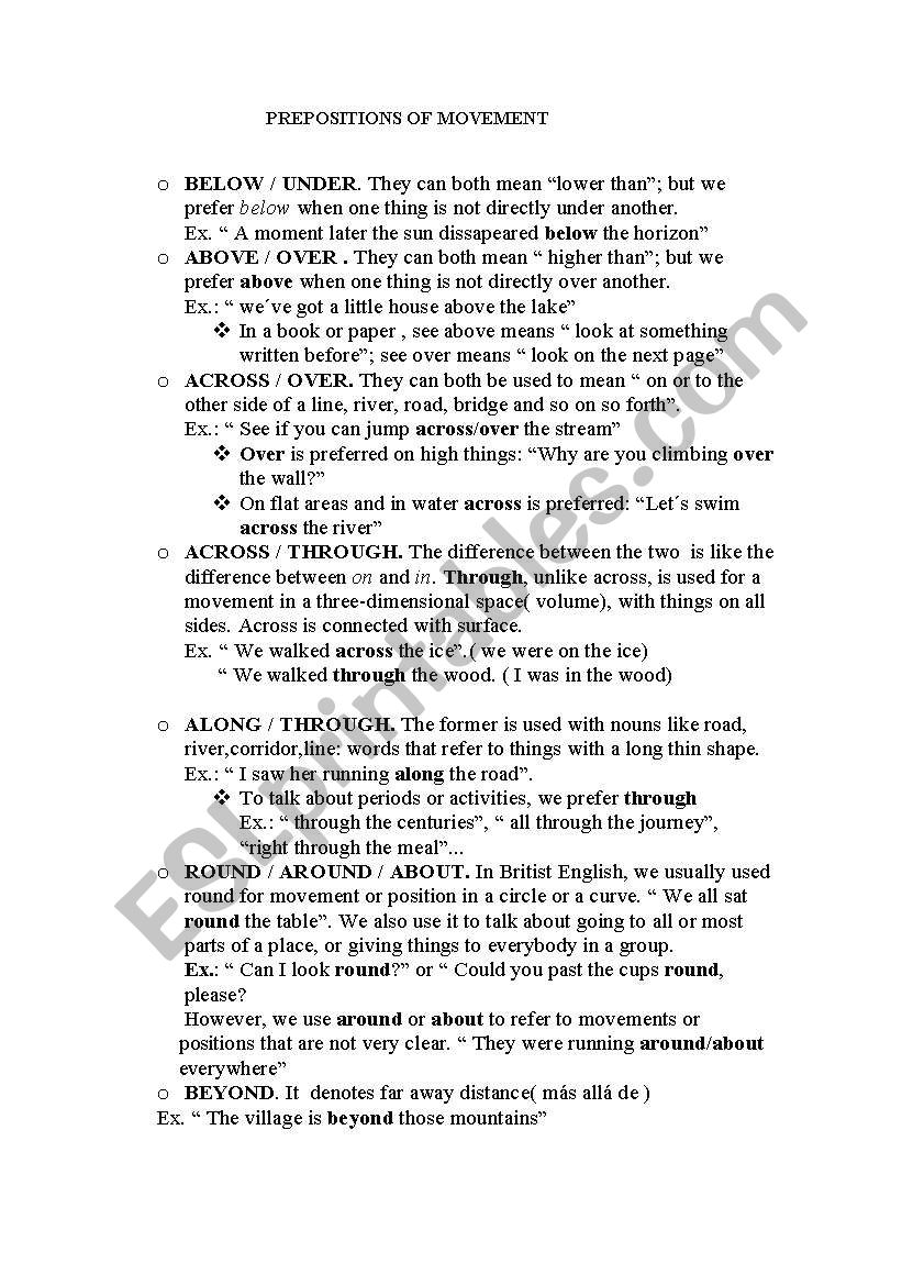 Prepositions of movement worksheet