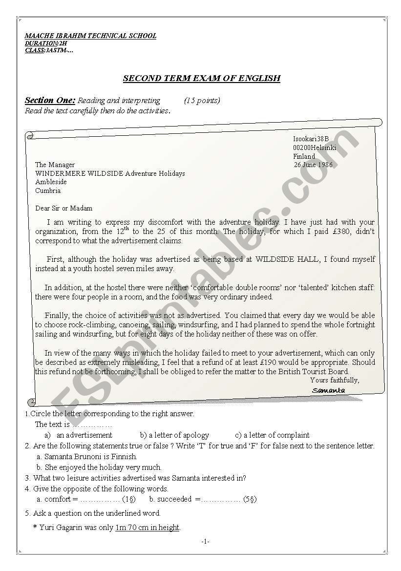 A letter of complaint worksheet