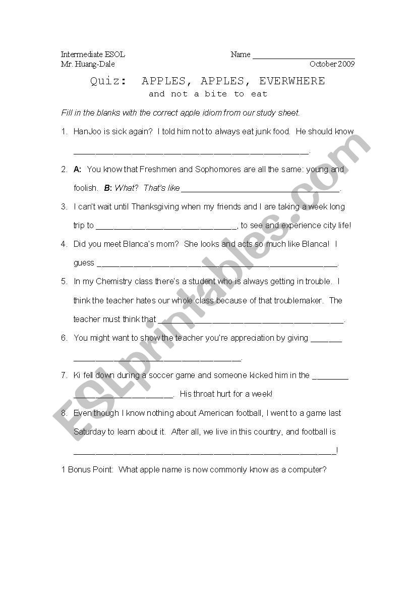 Apple Idioms / Johnny Applseed Quiz