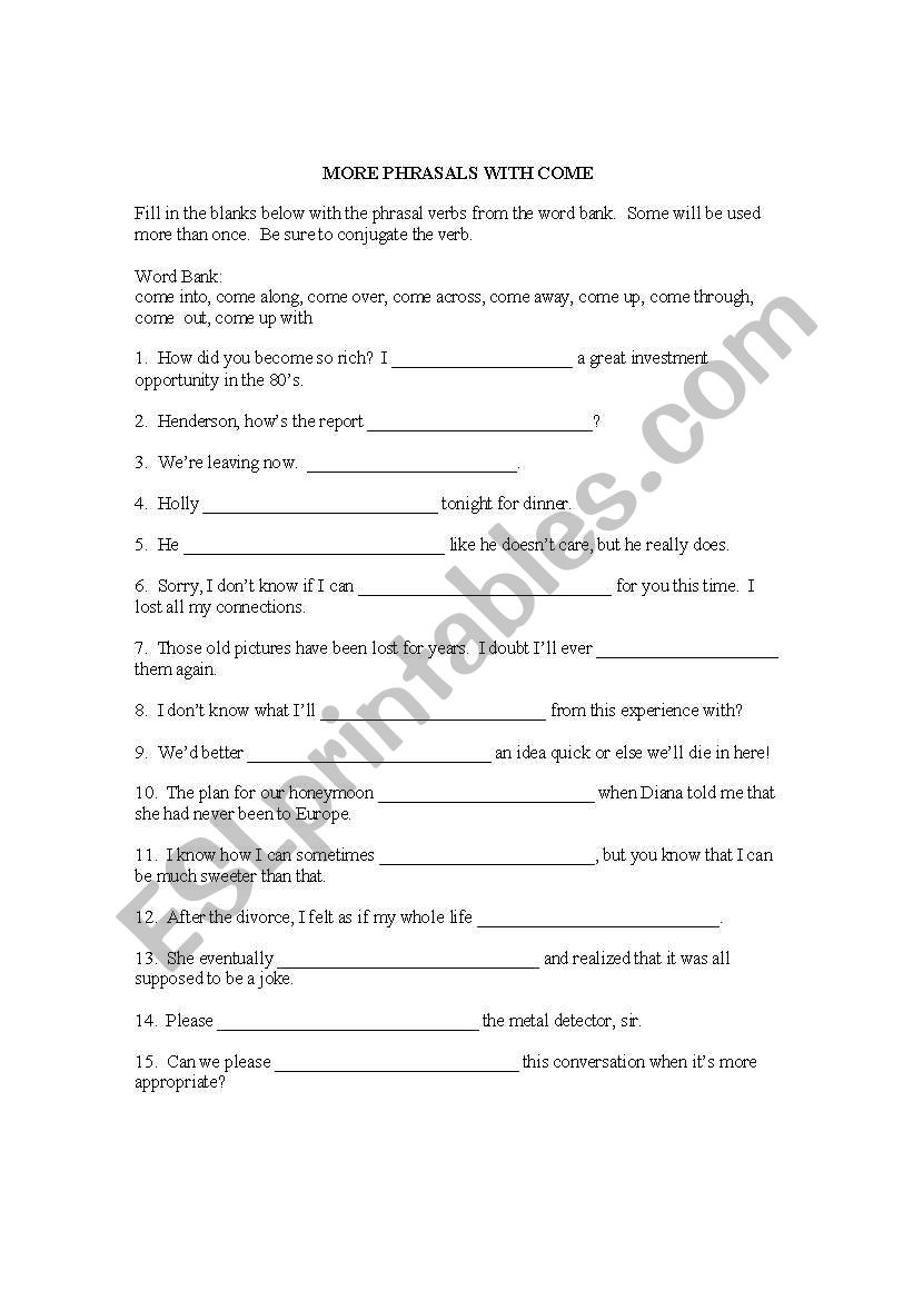 Phrasal Verbs: Come worksheet