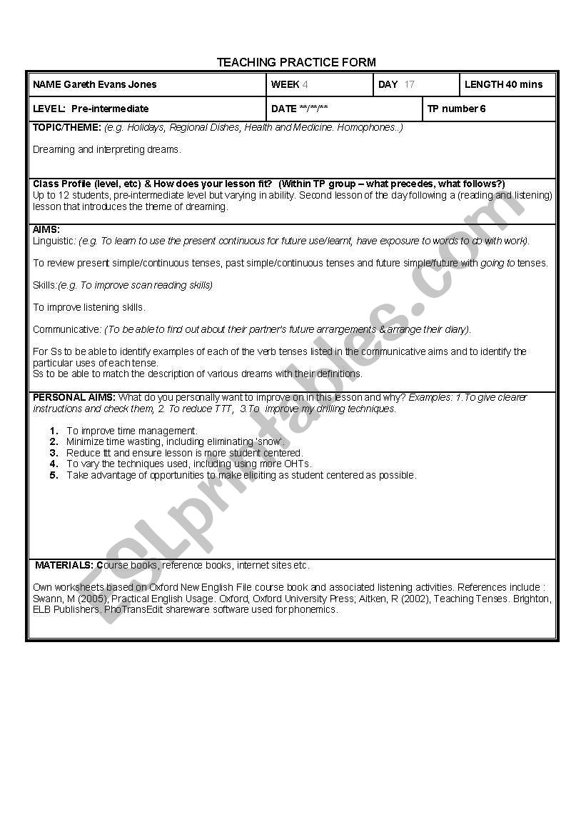 Teaching Practice Form for CELTA course (lower intermediate class)