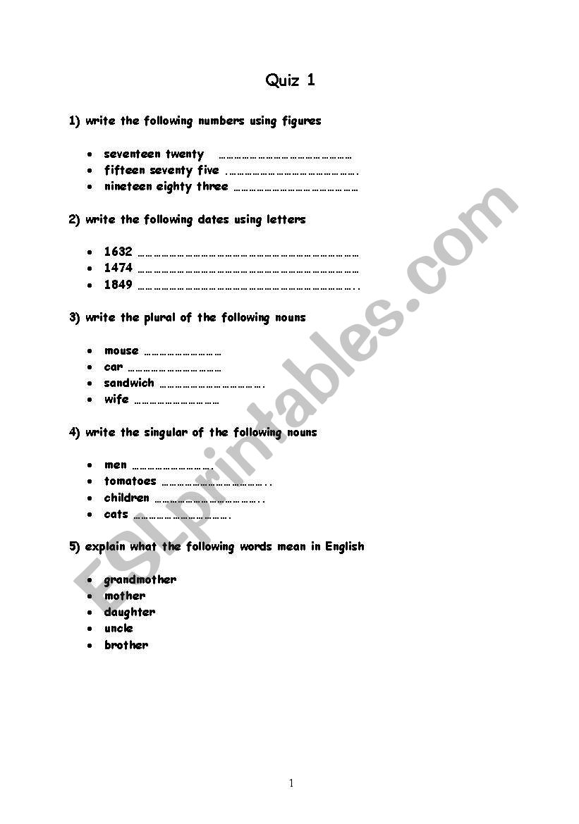 quiz for the very beginners (numbers, plurals, singulars, family, months, present simple, pronouns)