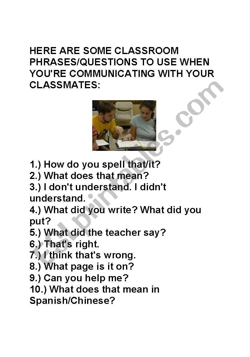 Classroom Phrases interm ESL worksheet